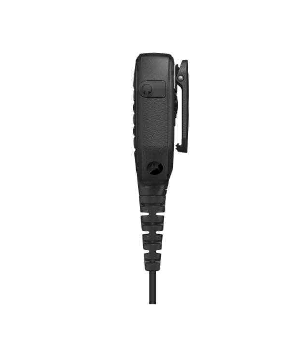 Zijaanzicht van een zwart handzendapparaat met kabel