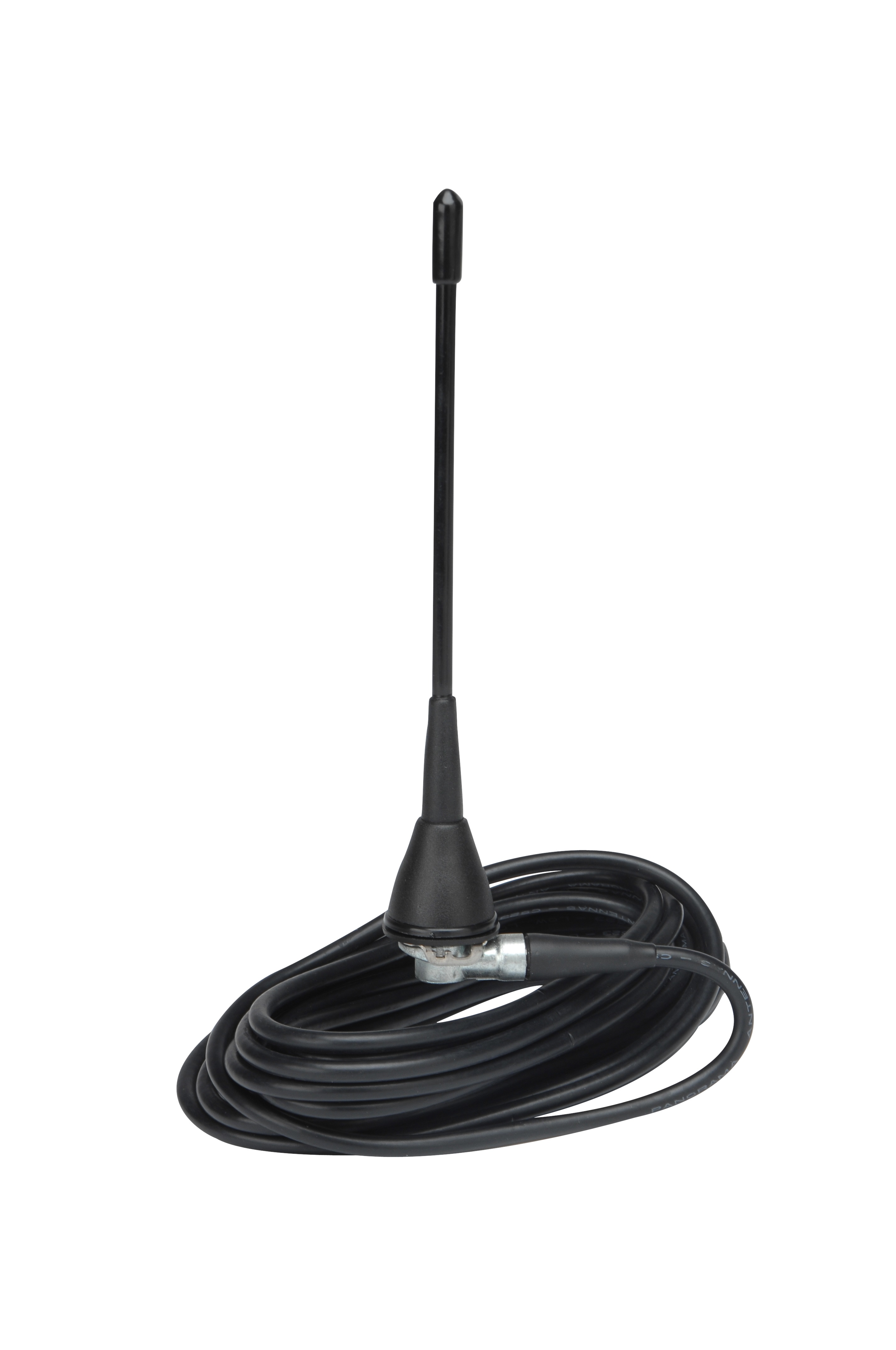Black antenna with long cable on white background.