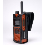 Radio device in black holder with display and buttons
