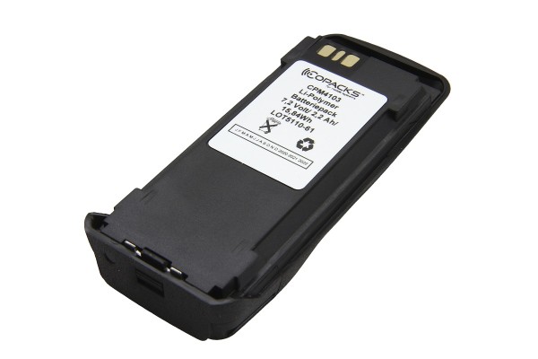 Zwarte lithium-ionbatterij met wit label en technische specificaties.