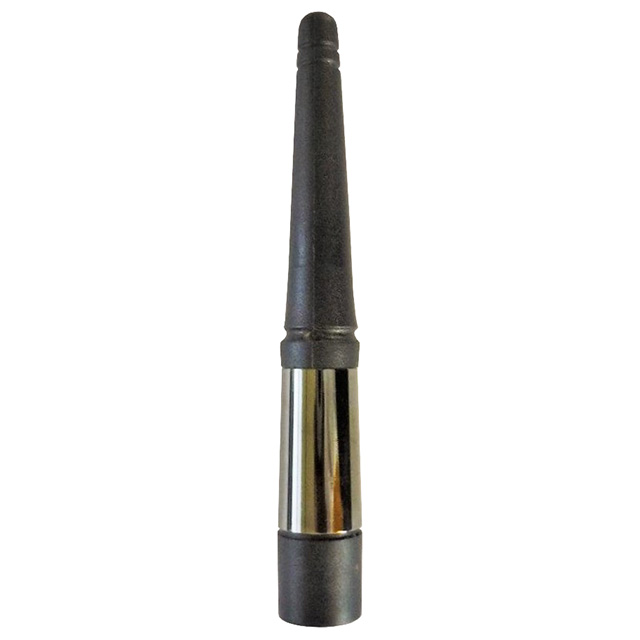 Black and silver antenna with a conical tip.