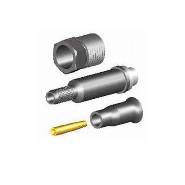 Verschillende mechanische onderdelen in zilver en goud, inclusief socket, kabel en connector.