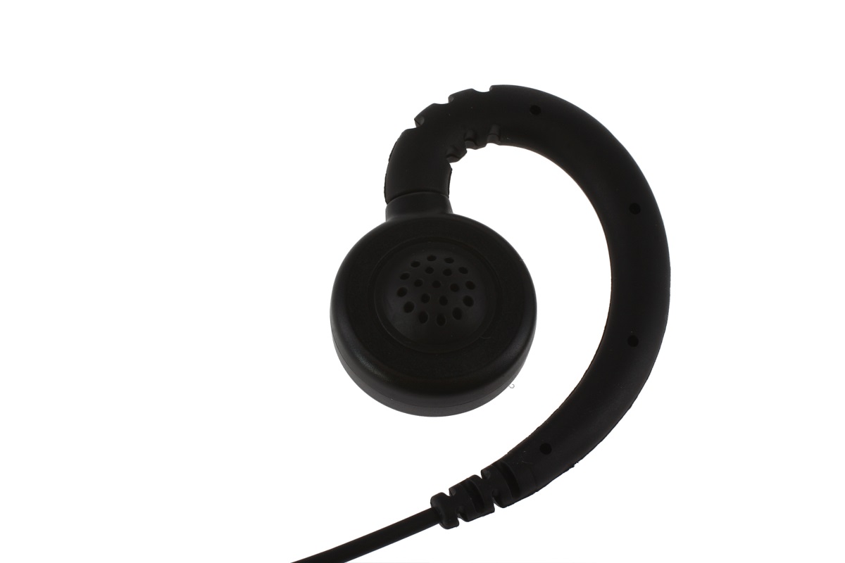 Zwarte oorhaak met luidspreker en kabel.