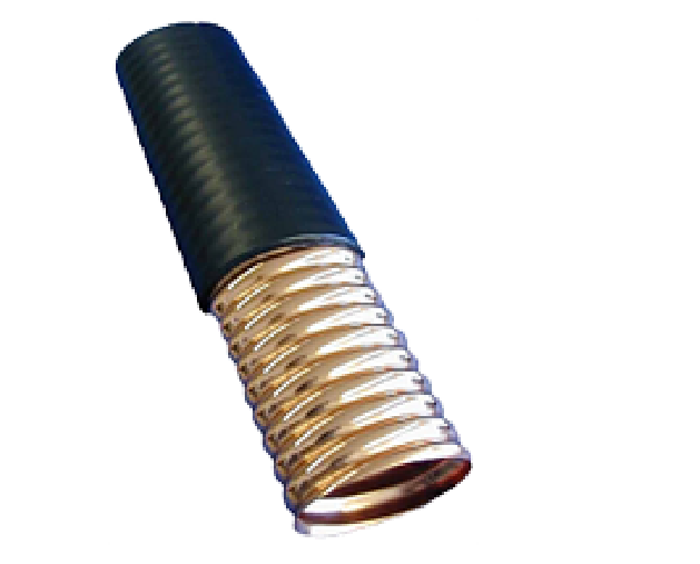 Flexible spiral hose, half black, half copper-colored.