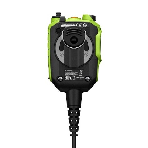 Walkie-talkie met groene behuizing, meerdere knoppen, kabelverbinding onderaan.