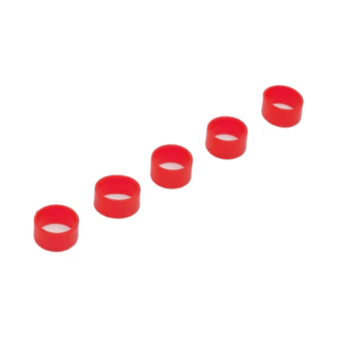 Five red plastic rings in a diagonal line.