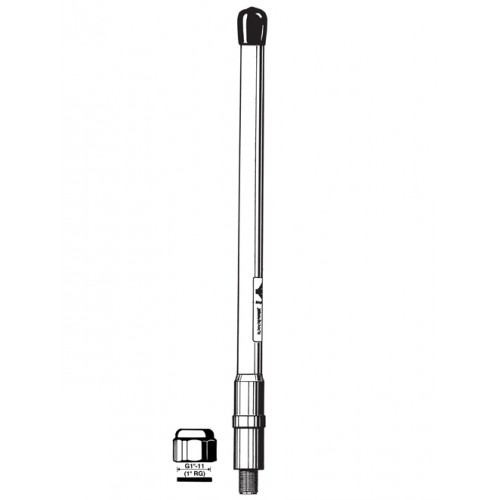 Verticale radio-antenne met afneembare kap en schroefdraadbasis.