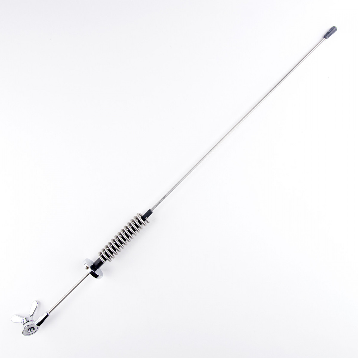 Lange antenne met veer en schroefbevestiging op witte achtergrond.