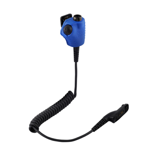 Blauw communicatieapparaat met spiraalkabel en stekker.