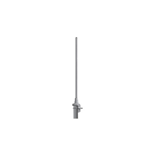 Grijze verticale antenne op een witte achtergrond.