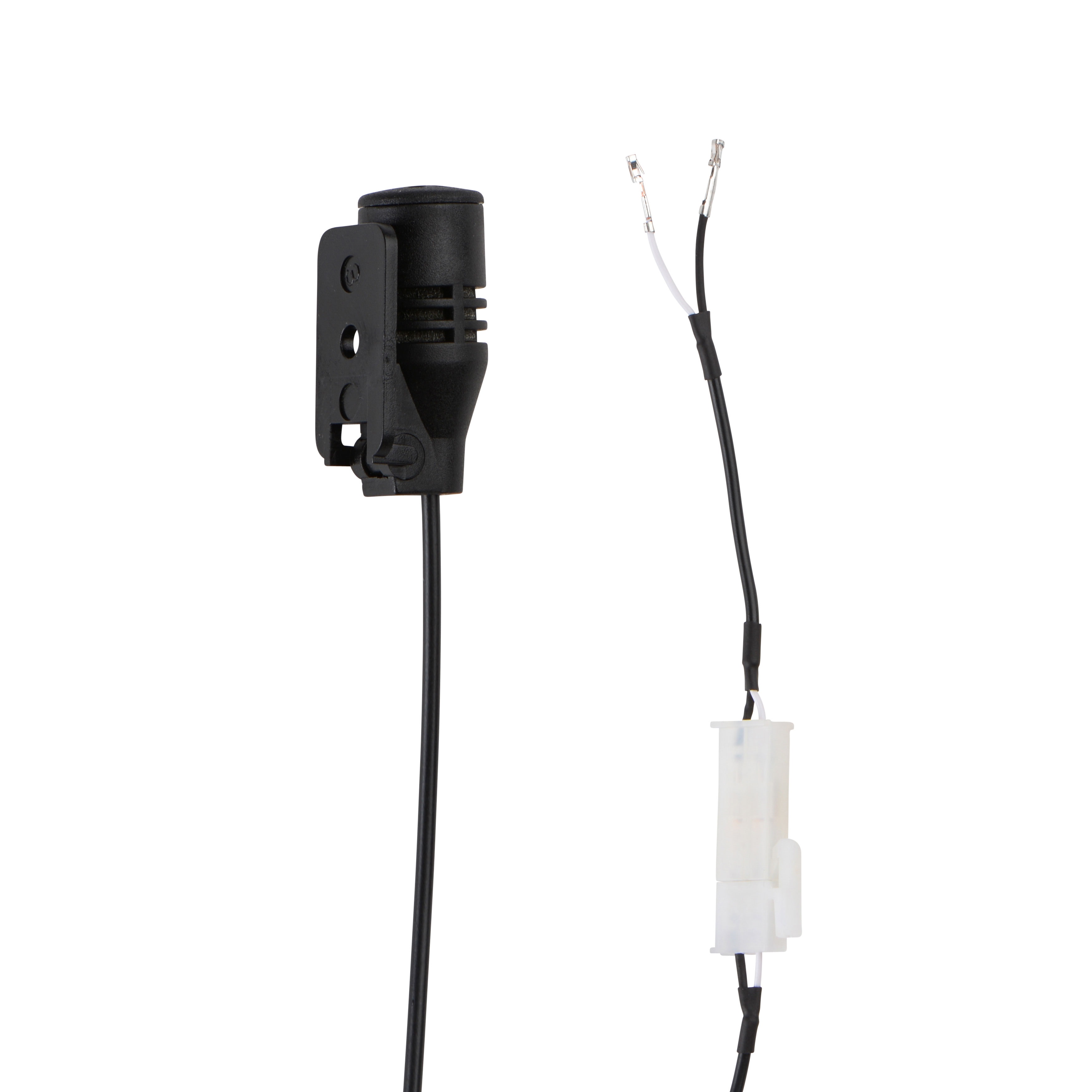 Zwarte microfoon met clip en blootliggend kabel met stekker.