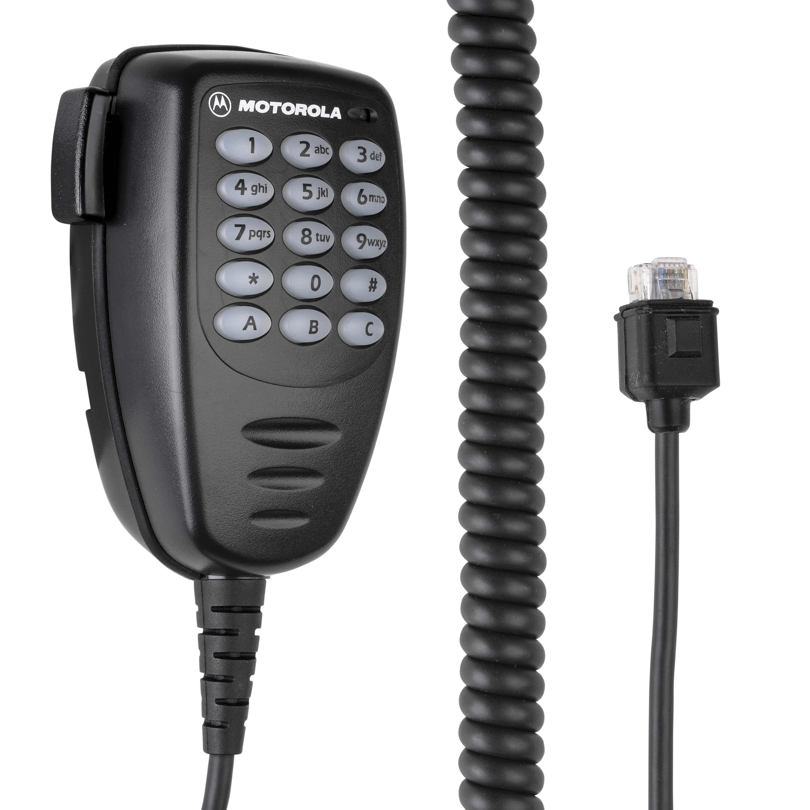 Appareil noir avec boutons, câble en spirale et prise.
