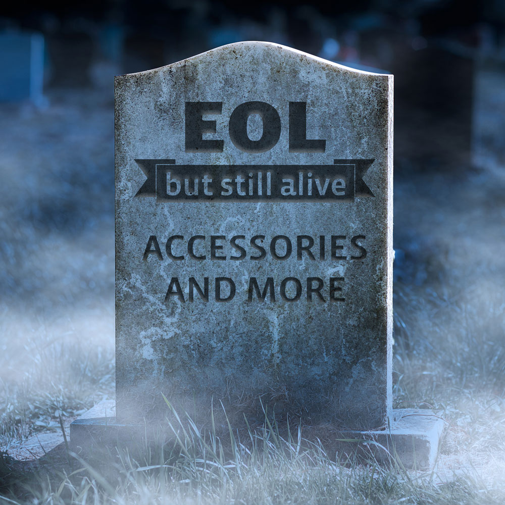 Grafsteen met inscriptie: EOL but still alive, Accessories and more.