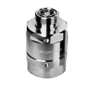 Metal connector, cylindrical and silver, with a threaded tip.