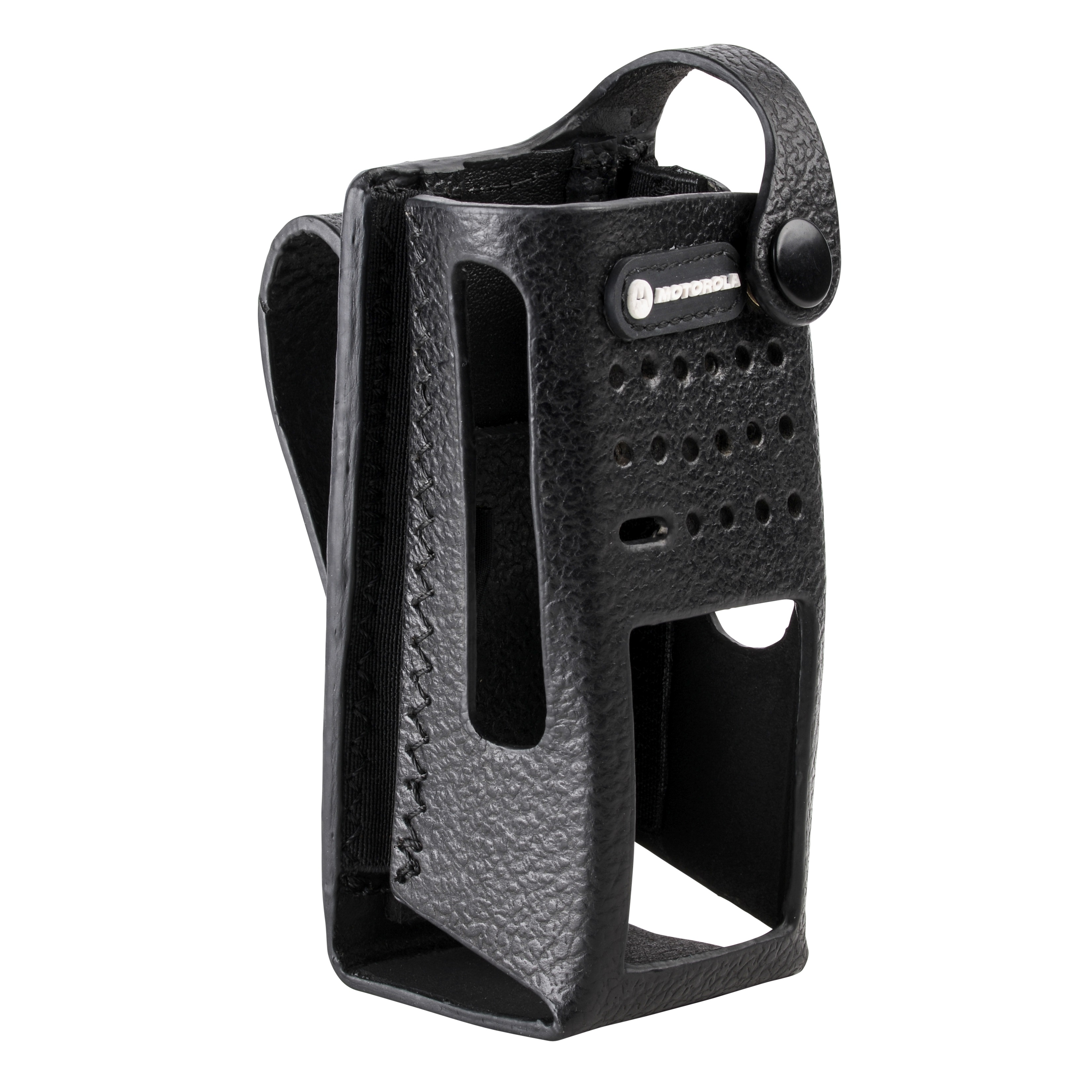 Black textured protective case with holes and top flap.