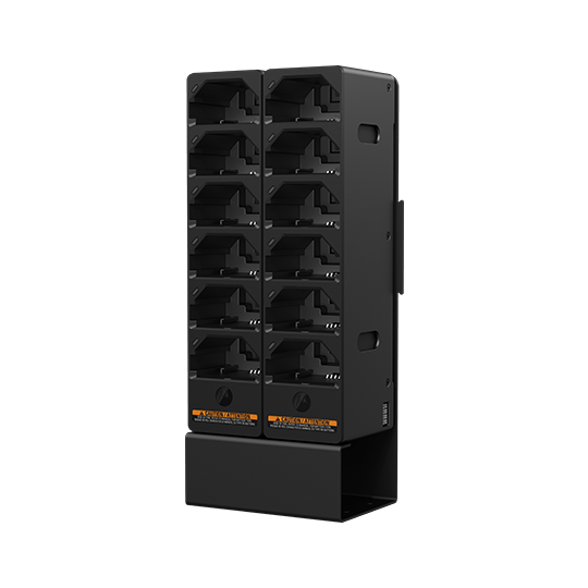 Black 10-slot charging station for electronic devices.