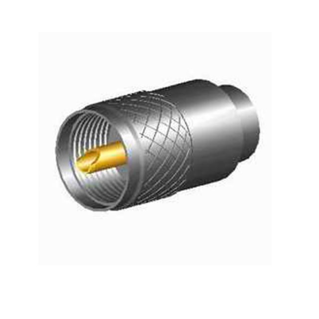 Grafiek van een coaxiale connector met metalen behuizing en gouden punt.