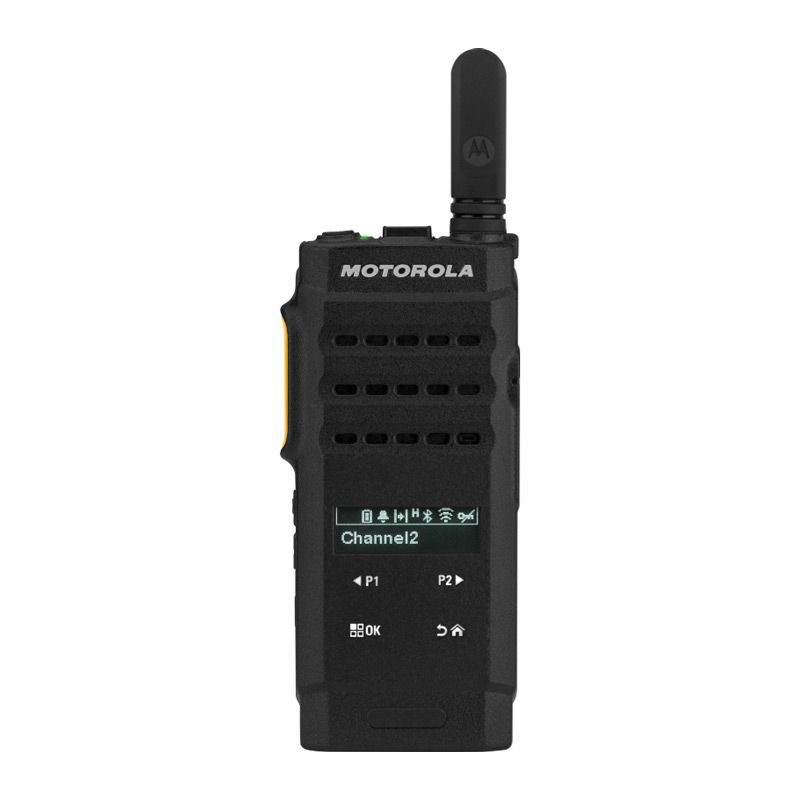 Black two-way radio with antenna and digital display, channel 2.