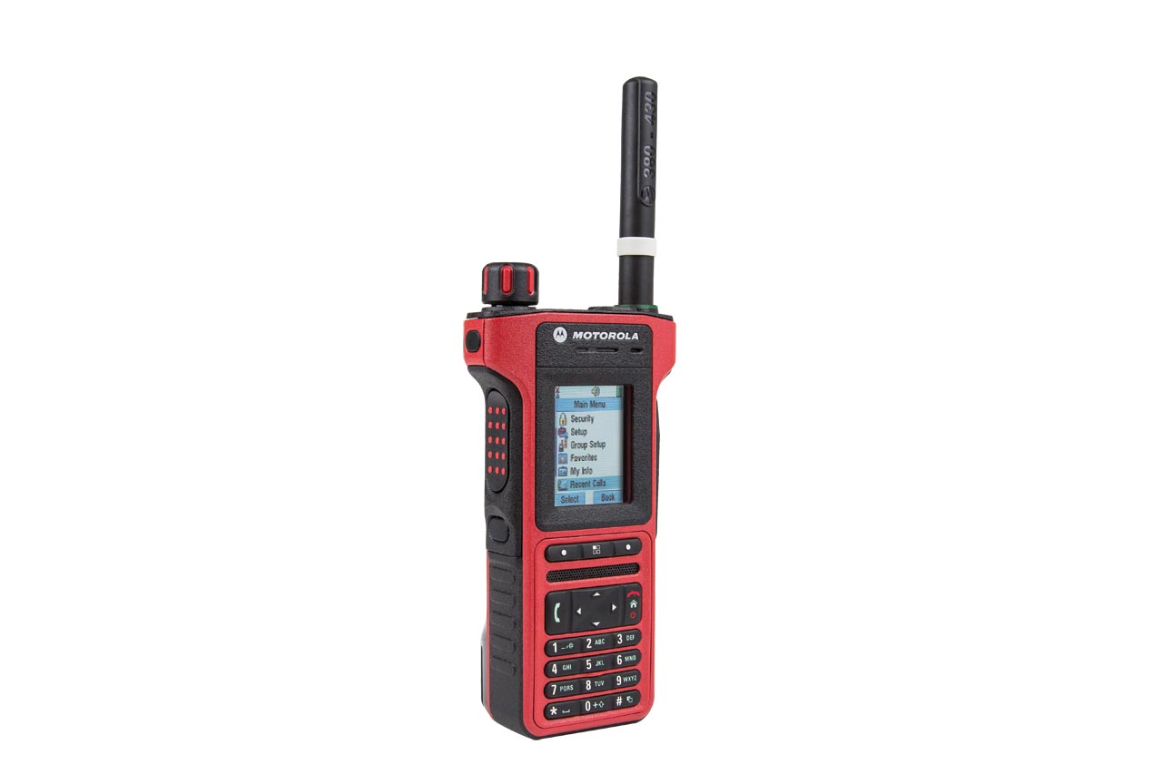 Handheld radio in red and black with screen and buttons.