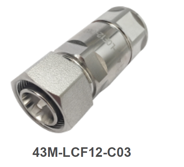 Metal coaxial connector with threaded end, model number: 43M-LCF12-C03.