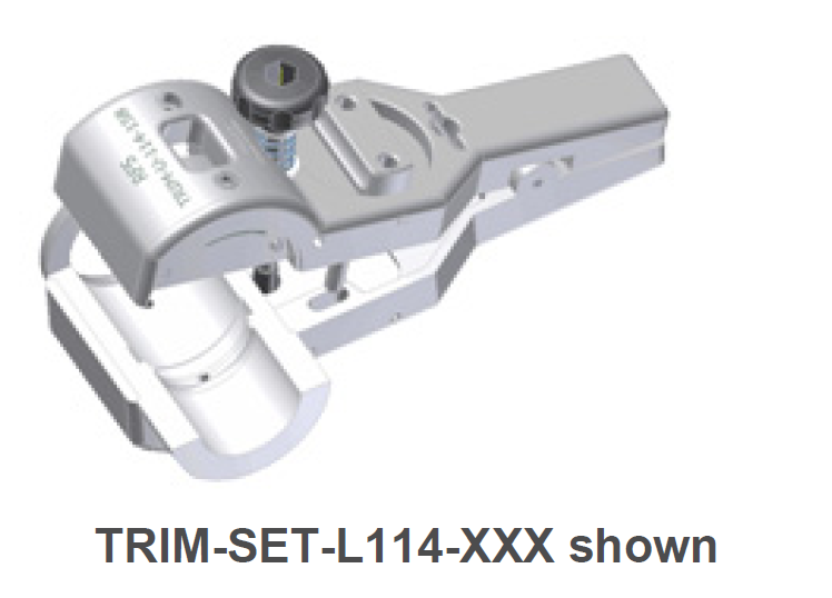 Metal component with screw and lever, labeled TRIM-SET-L114-XXX.