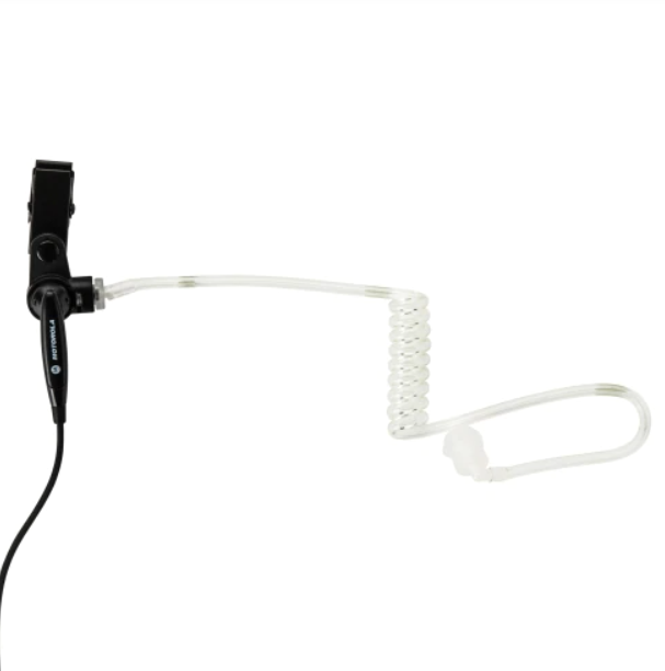 Zwart radioheadset met doorzichtige spiraalkabel en oordopje.