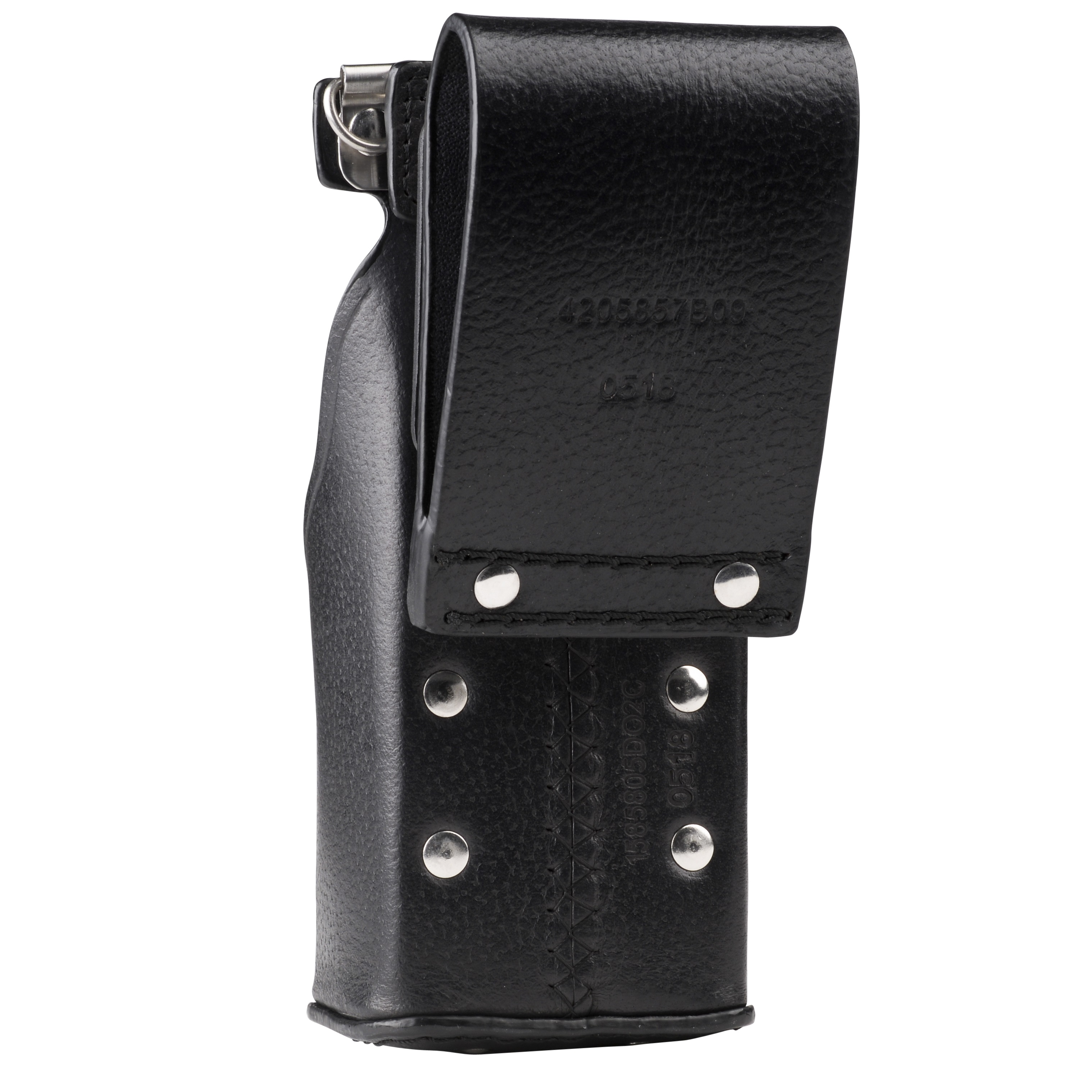 Black leather pouch with metal rivets and belt clip