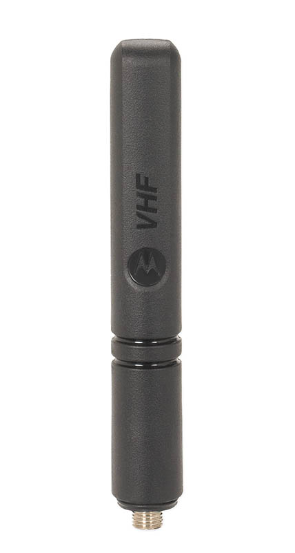Zwarte VHF-antenne met schroefconnector.