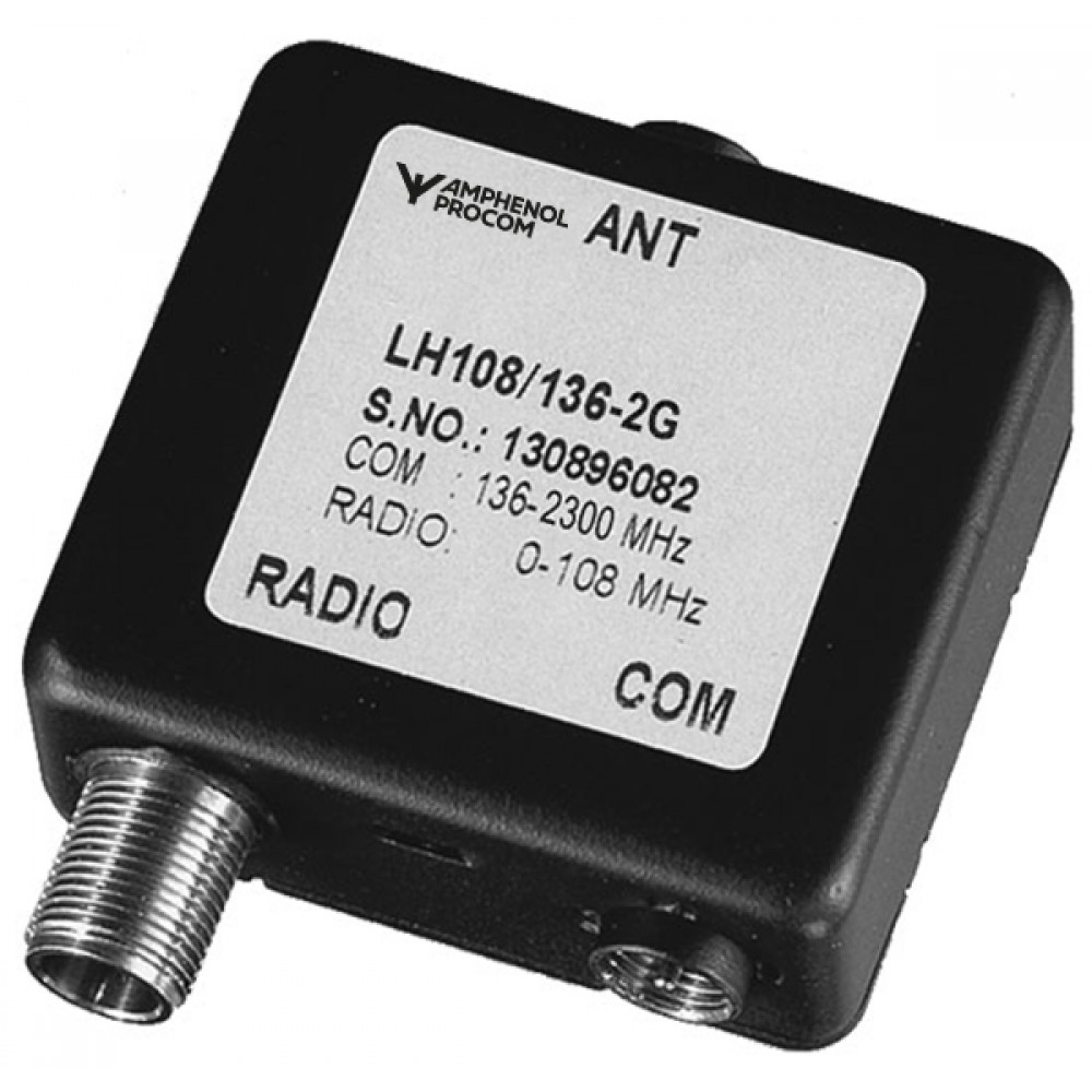 Frequentiesplitser LH108/136-2G van Amphenol Procom, frequenties 136-2300 MHz en 0-108 MHz.