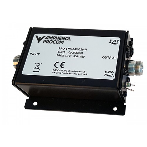 Amplificateur de signal Amphenol Procom noir avec connecteurs et étiquetage.