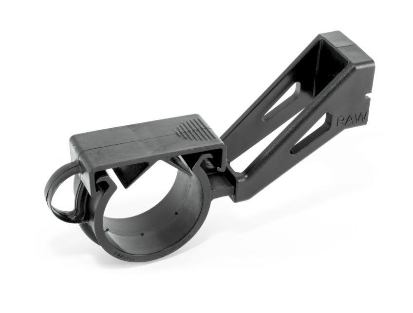 Black plastic bracket with ring and angled arm.