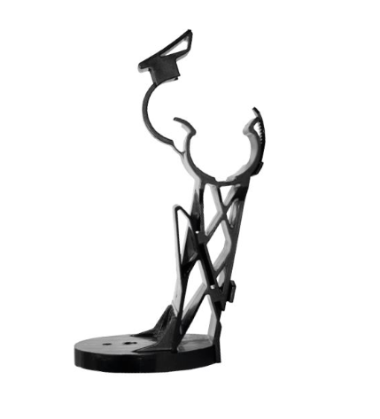 Black metallic bracket with round base, open rings, and angled tip.