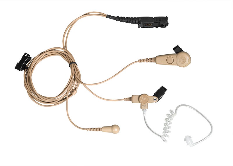 Oortelefoonset met microfoon en spiraalkabel, beige kleur.