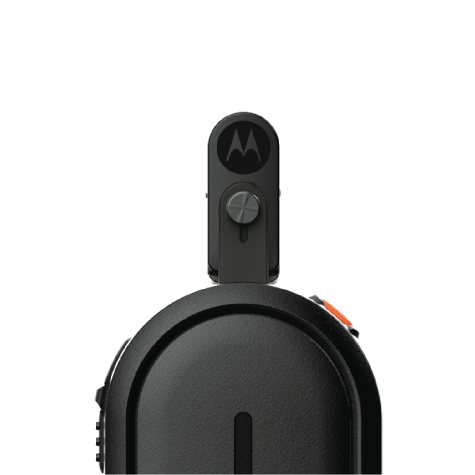 Zwarte walkie-talkie met omhoogstaande antenne en zijknop.