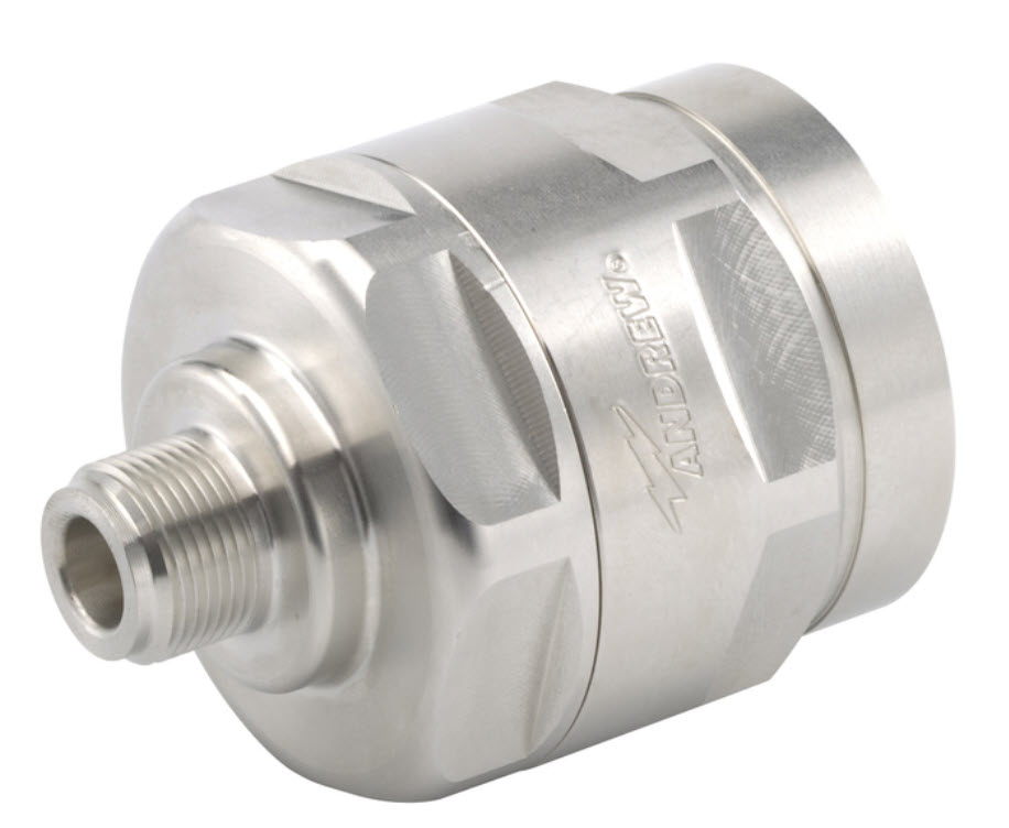 Connecteur en métal argenté, cylindrique avec embout fileté.