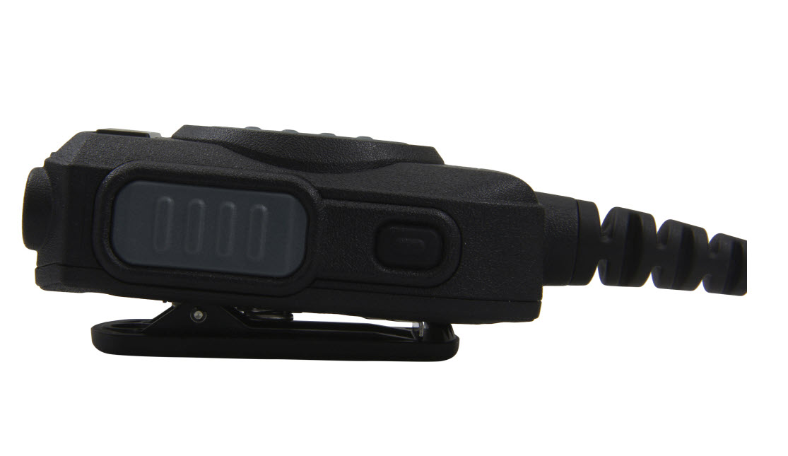 Zwart communicatieapparaat, zijaanzicht, spiraalconnector.