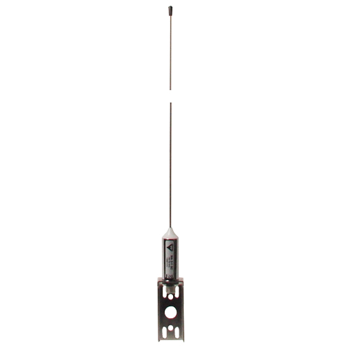 Lange antenne met zilverkleurige behuizing en zwarte punt, gemonteerd op rechthoekige houder.