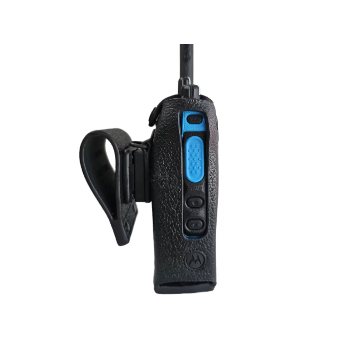 Radio with blue button and belt clip.