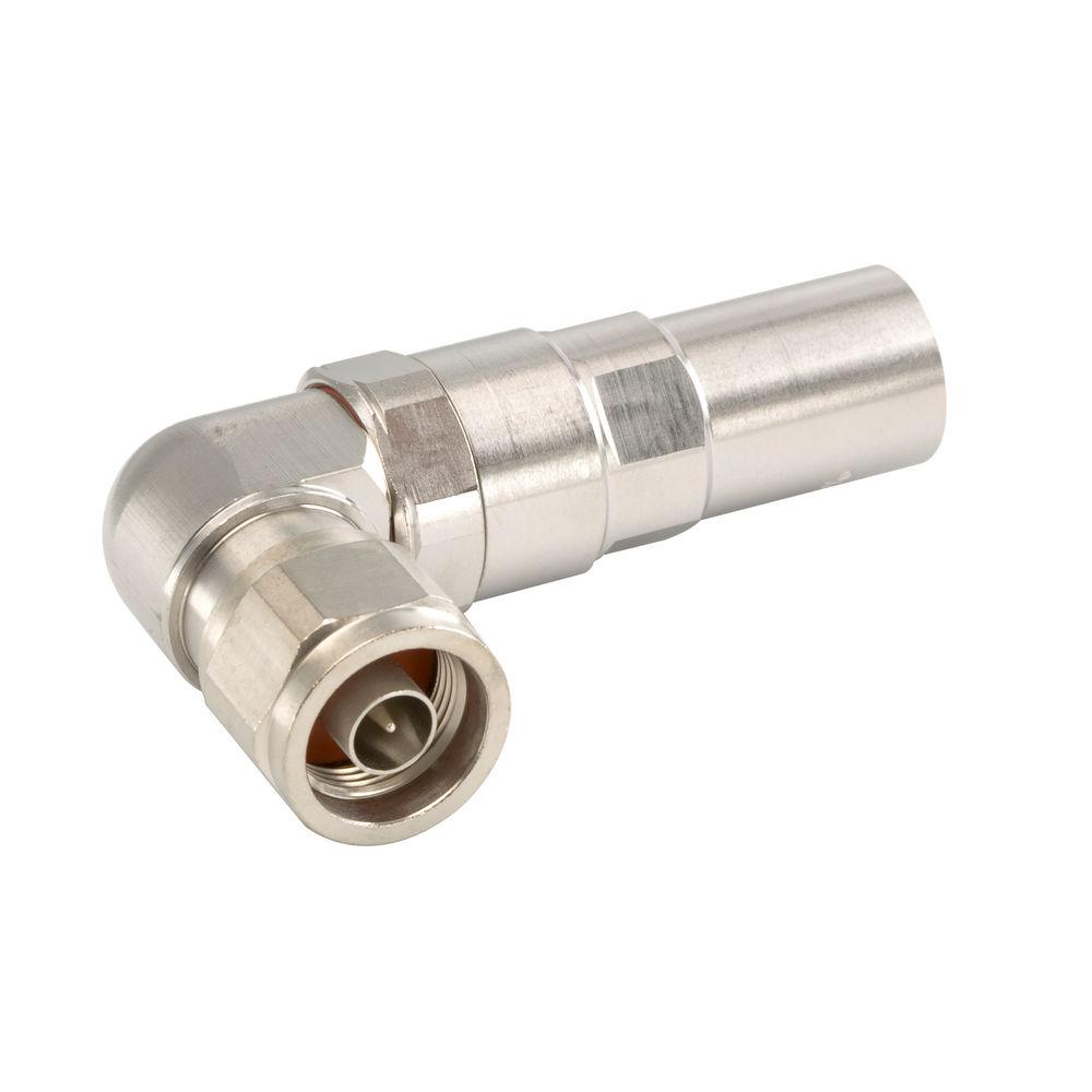 Hoekige metalen connector voor coaxkabelverbinding.