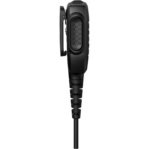 Zijaanzicht van een zwarte microfoon met clip en kabel.