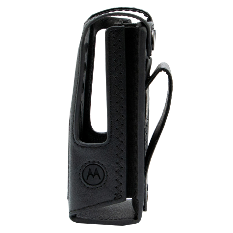 Zwart leren hoesje voor mobiel apparaat met riemclip.
