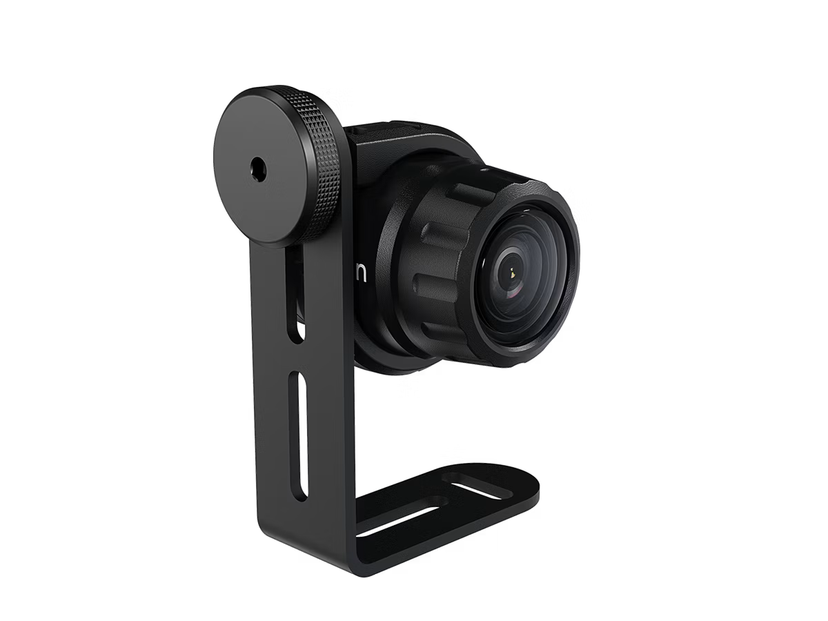Black camera with mount, side view.