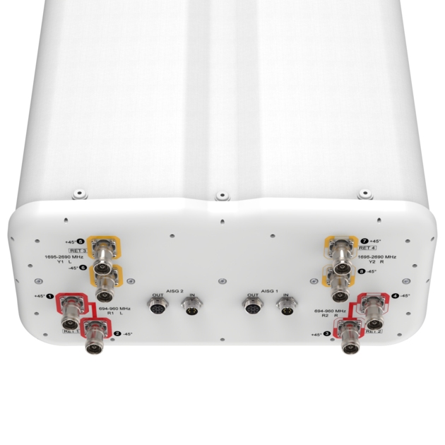 Witte antenne met meerdere connectoren voor frequenties 694-2690 MHz.
