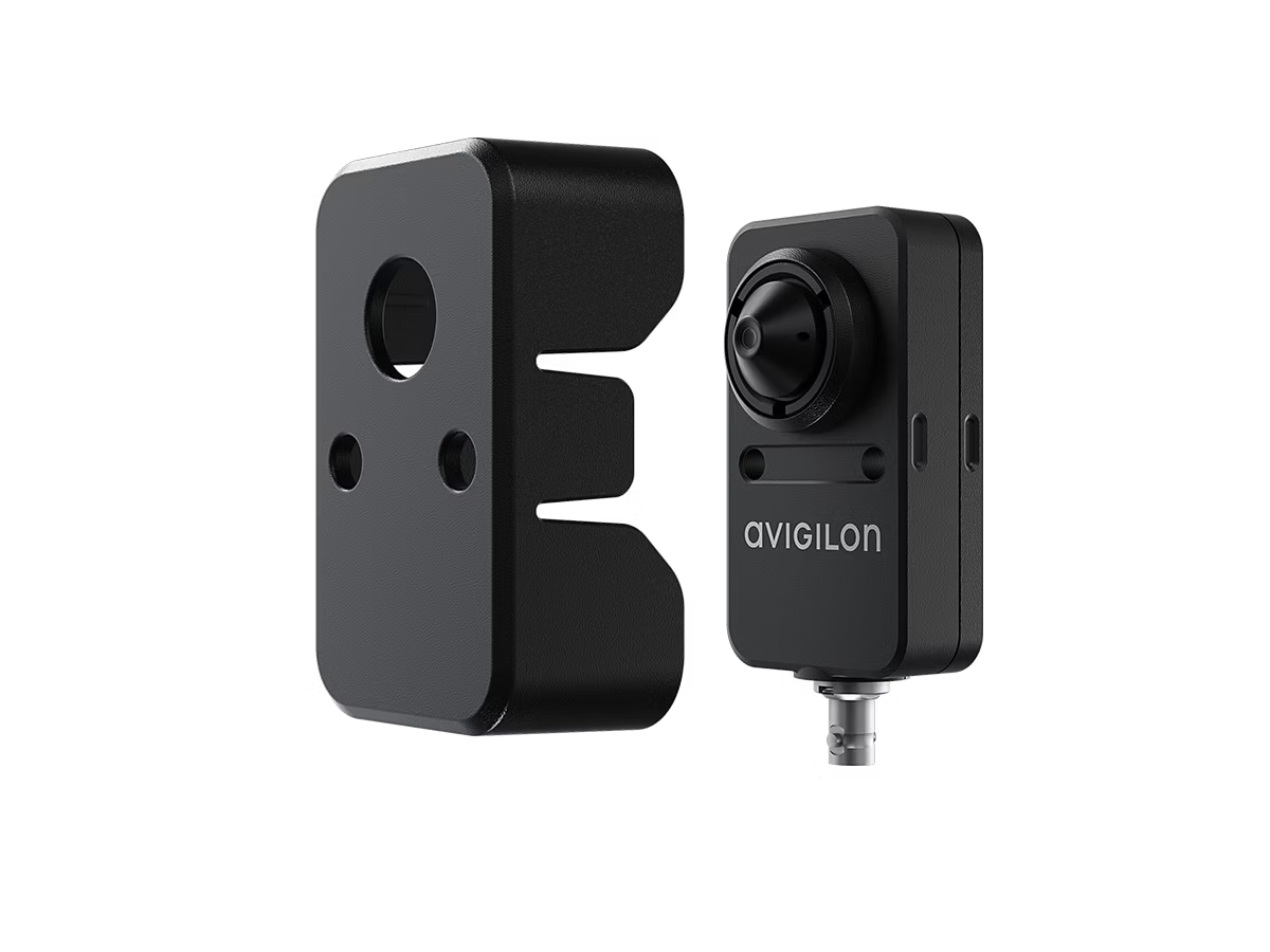Black surveillance camera with wall mount, Avigilon logo visible.