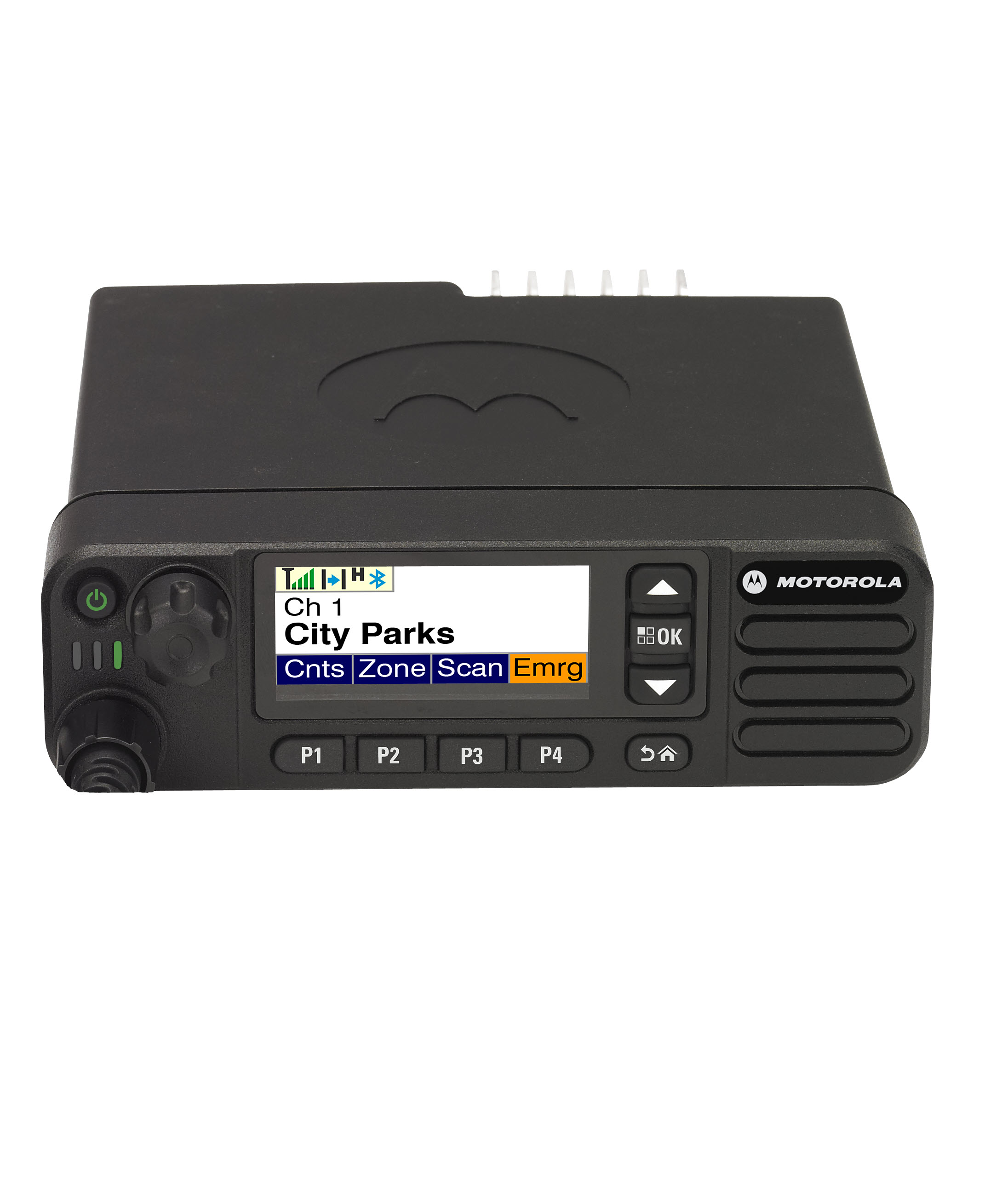 Digital radio with display showing: Ch 1 City Parks.