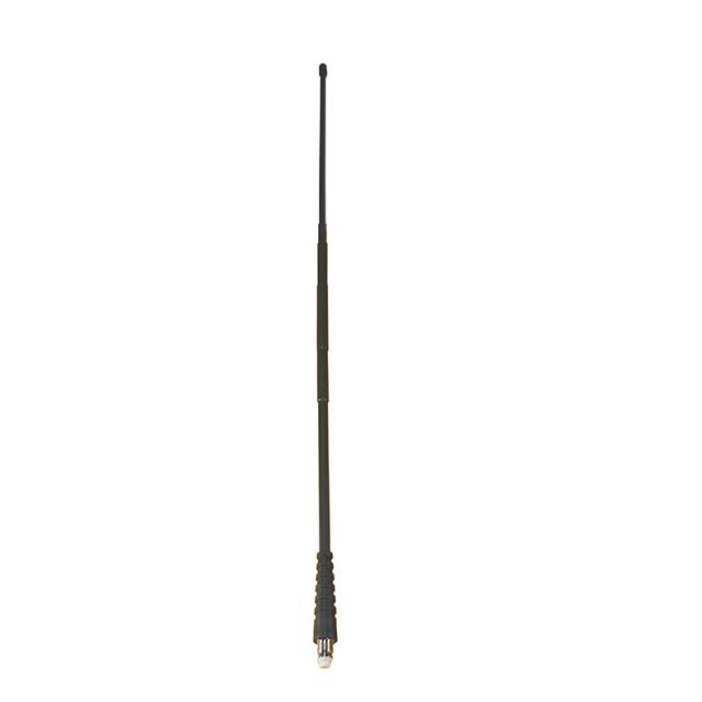 Antenne télescopique extensible avec embout noir et poignée rainurée.