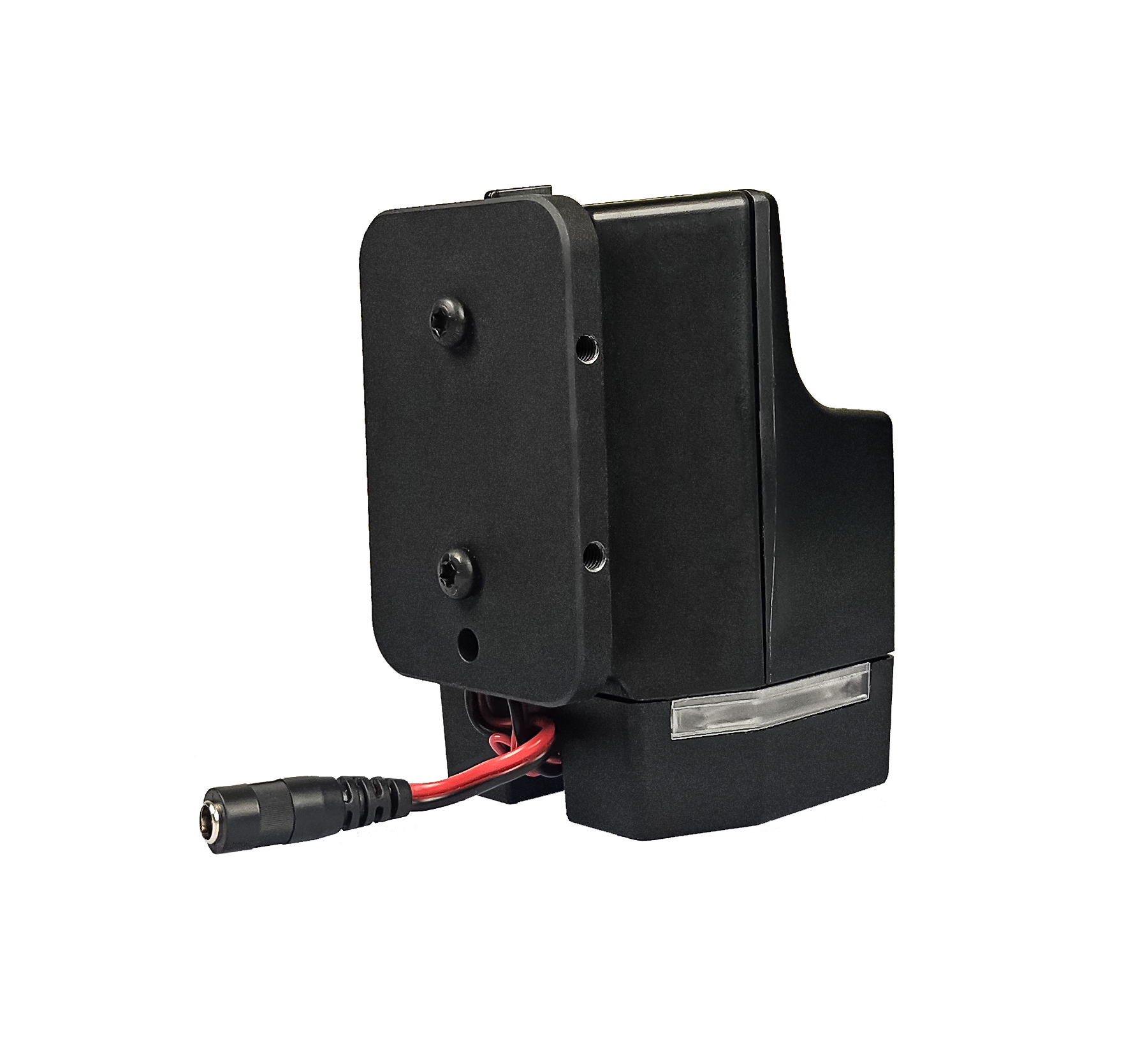 Composant électronique noir avec câble et fiche de connexion.