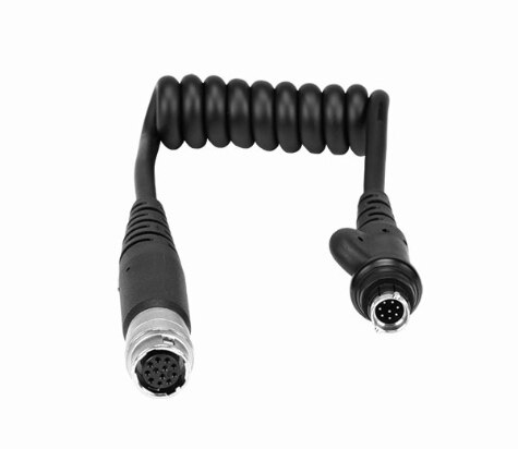 Zwart spiraalkabel met ronde connectors aan beide uiteinden.