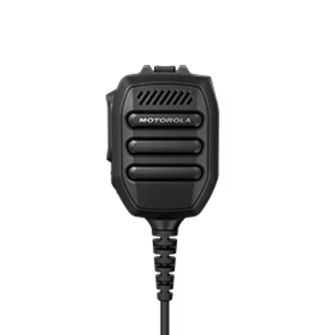 Microphone portatif noir avec haut-parleur intégré, trois boutons et connexion par câble.