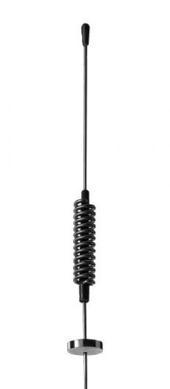 Antenne en métal noir-argent avec bobine au centre.
